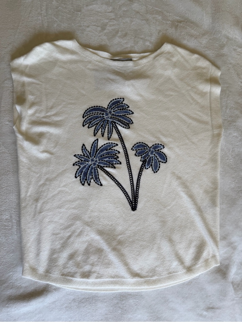 LIV Milano White Short-Sleeve Tee with Blue Sequin Palm Motif